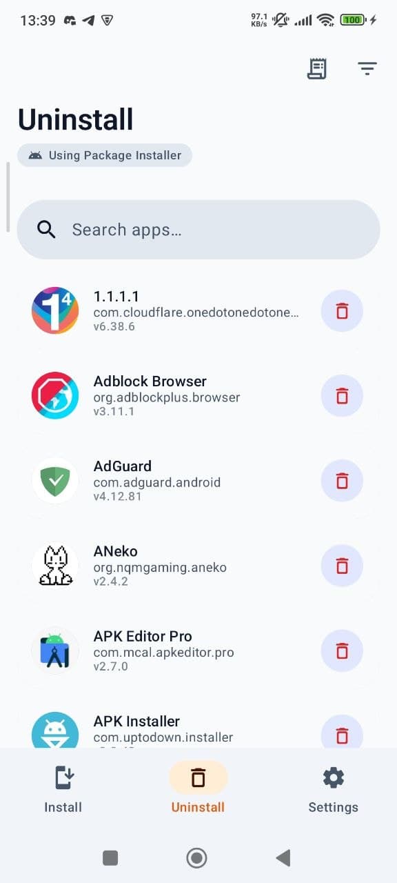 Installed apps list